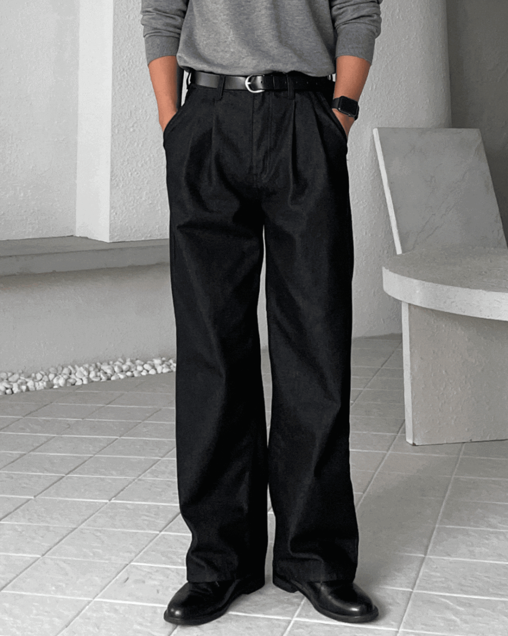 席瓦雙褶寬鬆丹寧長褲/ 1色