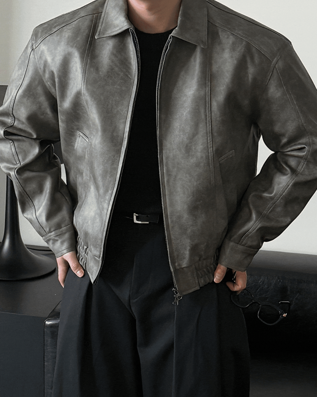 威尼石紋極簡皮革外套/ 2色