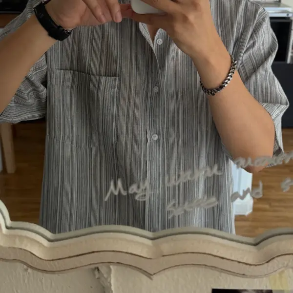 托克亞麻短袖條紋襯衫/ 3色