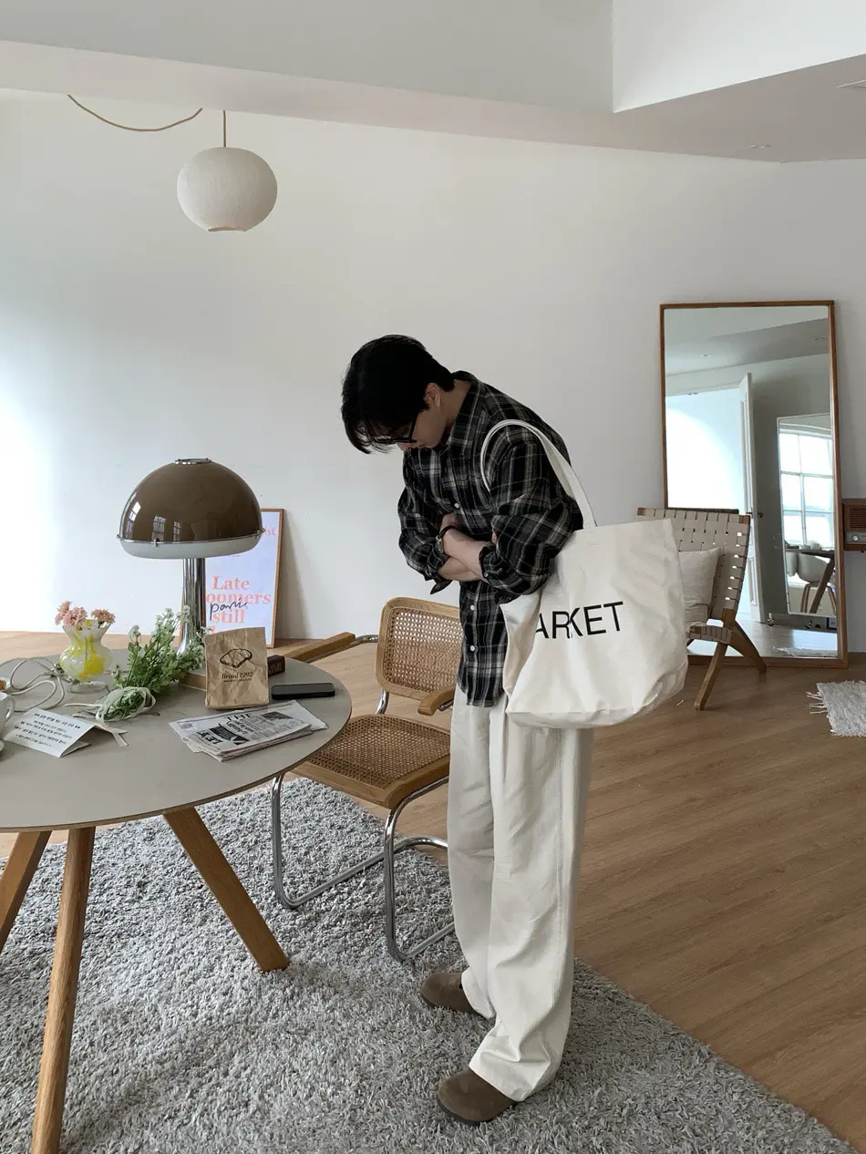 韓國男裝推薦格紋襯衫寬褲穿搭