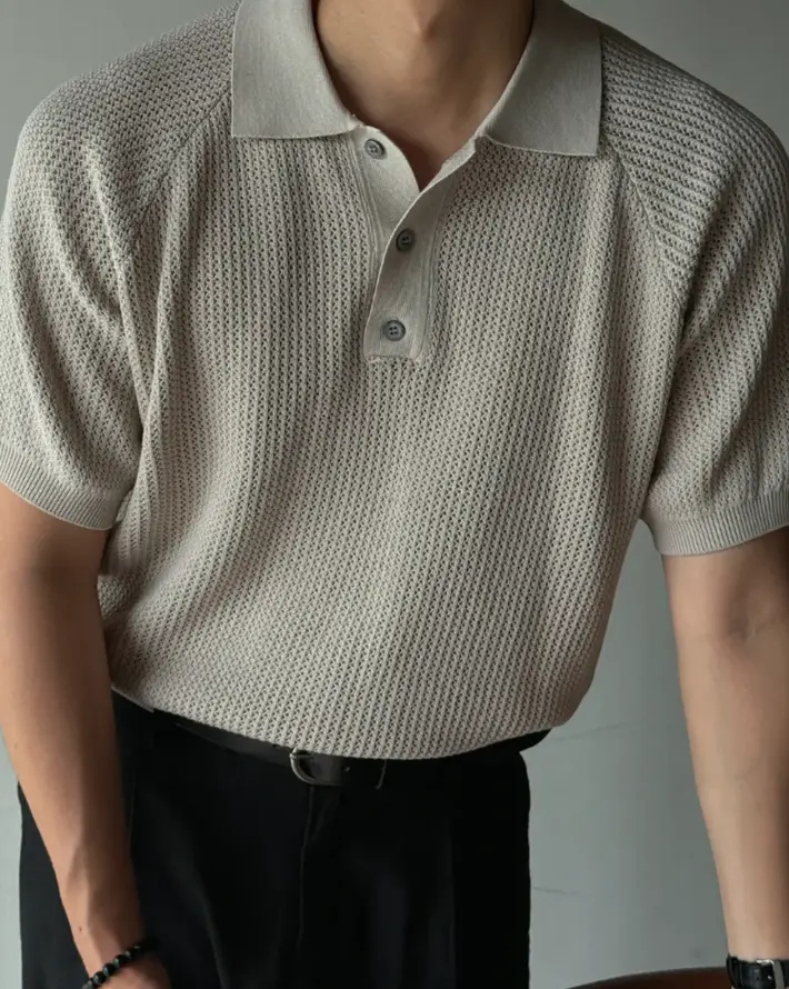 韓系男裝材質 華夫格針織短袖上衣